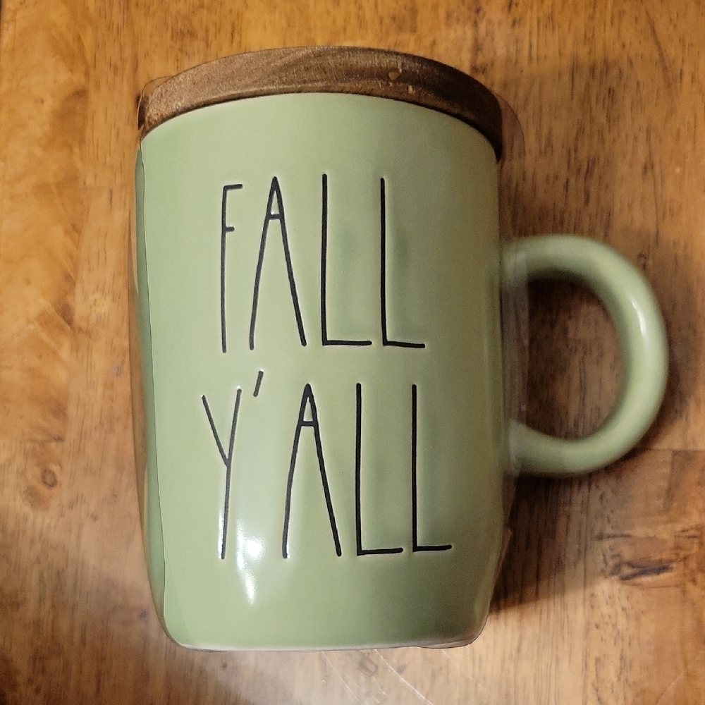 Rae Dunn Artisan Fall Y'All Sage Green Oversized Mug with Wooden Lid NWT